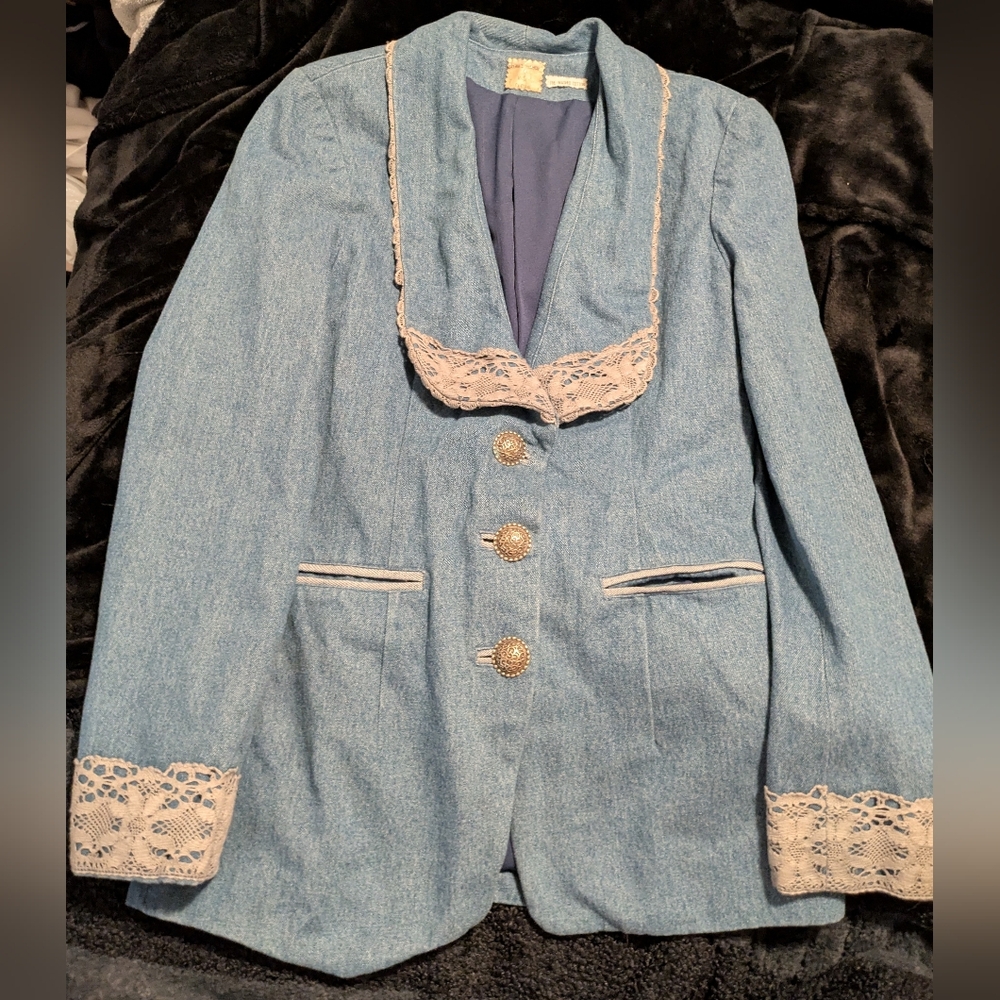 Blue and Cream Lace-Trimmed Blazer